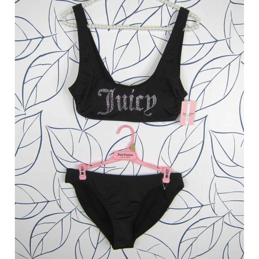 Juicy Couture Women's Size L Black Rhinestone Logo Bikini Set New!